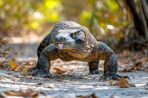 Komodo dragon sticking out tongue while walking in forest photo