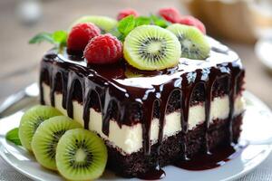 Delicious chocolate cake with kiwi and raspberry topping dripping with chocolate sauce photo