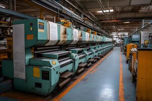 Old printing machines standing in line in deserted factory photo