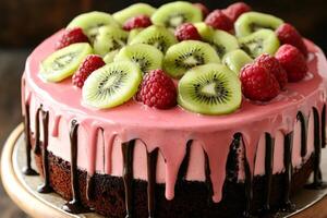 Delicious layered raspberry and chocolate cake decorated with kiwi and raspberries photo