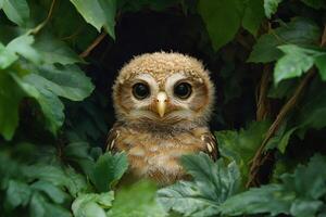 Baby owl hiding in green leaves portrait of a cute owlet. photo