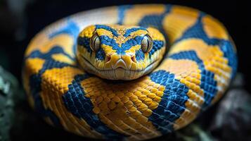 Coiled snake showing its colorful scales and staring at viewer photo