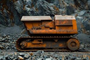 Old rusty crawler transporter working in open pit mine photo