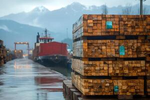 Stacked lumber awaiting shipping in rainy port with mountains photo