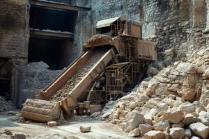 Stone crusher processing rocks in open pit mine photo