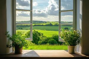 Open window overlooking green fields and trees in irish countryside photo