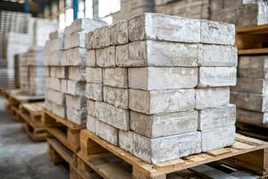Concrete blocks stacked on wooden pallets in warehouse storage photo