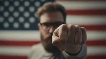Man with glasses shows a fist in front of an American flag, symbolizing strength and determination during a patriotic moment photo