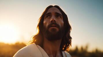 Jesus Christ in white robe gazes upwards towards a bright sunset over a serene landscape photo