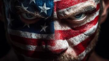 Intense expression of patriotism with intricate face paint in the colors of the American flag for a spirited event photo