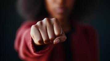 Empowering gesture of a determined individual showcasing strength and confidence in a dynamic setting photo