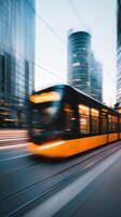 City tram moves swiftly through urban landscape during dusk, highlighting modern architecture and vibrant city life photo