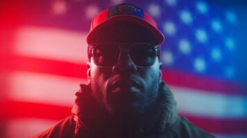 Powerful portrait of an individual in front of an American flag with dramatic lighting effects at night photo