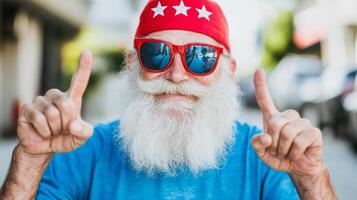 Elderly man in sunglasses and a headband shows peace signs in a lively street during the summer photo