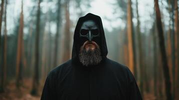 Mysterious figure in dark cloak with skull mask standing among tall trees in foggy forest photo