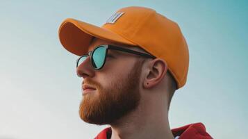 Young man enjoys sunny day wearing orange cap and sunglasses near clear sky photo