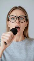 Passionate woman passionately sings into a microphone during a vocal practice session at home photo