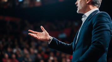 Engaging speaker addressing a captivated audience in a large auditorium during a motivational event in the evening photo