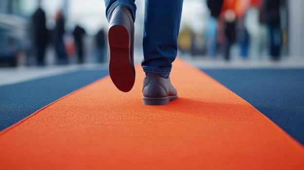 Walking on an orange carpet in a busy indoor space with blurred people in the background photo