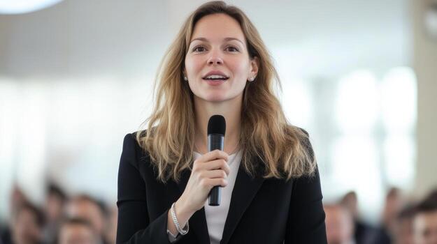 A confident speaker stands in front of a large audience, holding a microphone and engaging the crowd with her message. photo