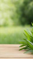 Fresh green leaves resting on a wooden surface with a blurred natural background in a sunny outdoor setting photo