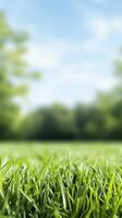 Lush green grass foreground with blurred trees in the background on a sunny day photo