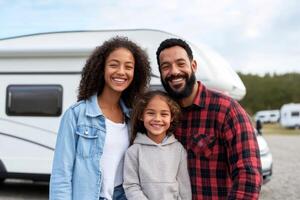 Happy family enjoying camping trip in an RV at a picturesque outdoor location with smiling faces photo