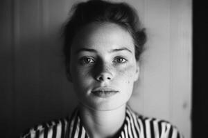Woman with freckled face and serious expression poses against wooden background in monochrome setting photo