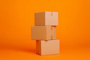 Stacked cardboard boxes on a vibrant orange background showcasing minimalistic design photo