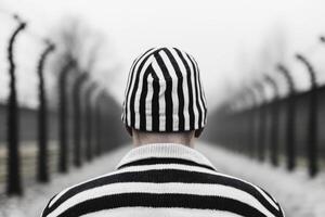 Man wearing striped clothing walks along a barbed wire fence in a somber and desolate environment photo