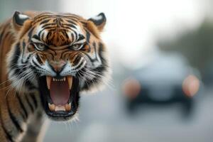 Fierce tiger growls in street as a vehicle approaches during early morning hours photo