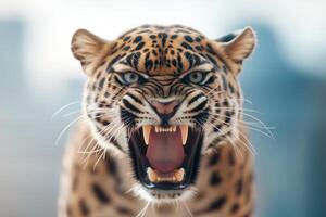 Fierce leopard displays razor-sharp teeth while roaring in a wild urban setting during daylight hours photo
