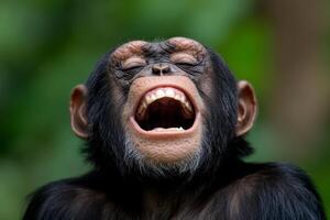 Monkey shows joyful expression with wide grin under natural light in a green environment photo