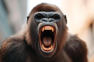 Grotesque expression of a gorilla in a wildlife habitat during daytime outdoors photo