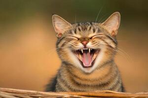 Playful cat displays joyful smile in a natural setting during golden hour photo