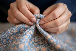 Hands skillfully sewing floral fabric while concentrating on a creative project at home during daylight hours photo