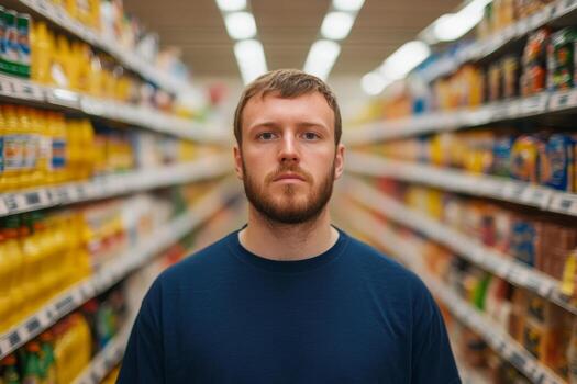 Man standing in grocery aisle with shelves full of products in a supermarket during daytime photo