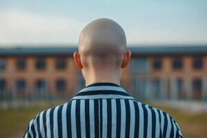 Bald individual in striped attire gazes at modern building concentration camp photo