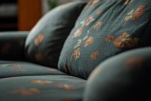 Floral patterned couch in a cozy living room setting with soft lighting during late afternoon photo