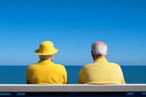 Elderly couple in matching yellow outfits sitting by the sea under a clear blue sky during the afternoon photo