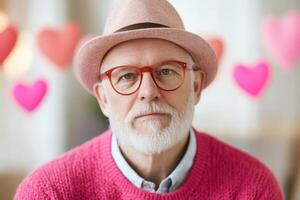 Elderly man in pink sweater and hat expresses warmth and affection in a cozy setting decorated with heart motifs photo