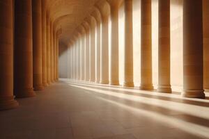 Beautiful sunlit corridor with columns casting long shadows in an ancient architectural setting photo