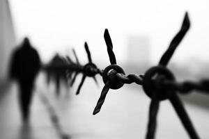 Barbed wire fence along a desolate path with shadowy figures walking in the distance during overcast weather photo