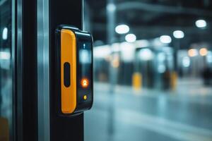 Modern electronic fare validator at a busy urban transportation station during evening hours photo