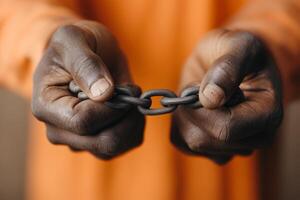 Hands holding a broken chain link in a symbolic gesture of freedom and resilience in a warm, muted setting photo