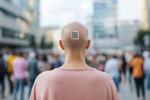 Unique QR code on a shaved head in the city assembly. Digital slavery, digital prison, social problem of the future concept photo