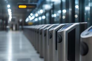 Modern turnstiles lead to a quiet subway station with overhead lights illuminating the pathway photo