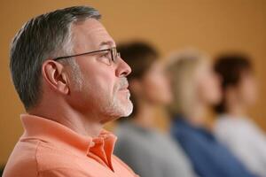 Man listening attentively during a group discussion in a workshop setting photo