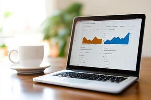 Laptop displaying charts and graphs beside a coffee cup in a bright, modern workspace during the morning photo