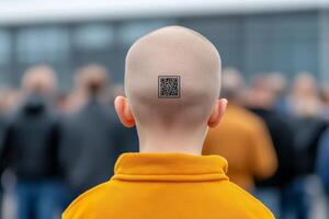 QR code on the back of the boy's head outdoors. Digital slavery, digital prison camp social problem of the future concept photo
